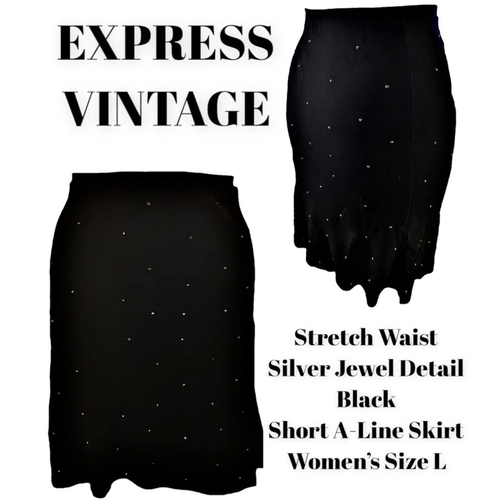EXPRESS Stretch Waist Silver Jewel Detail Black Short A-Line Skirt Women’s L VTG
